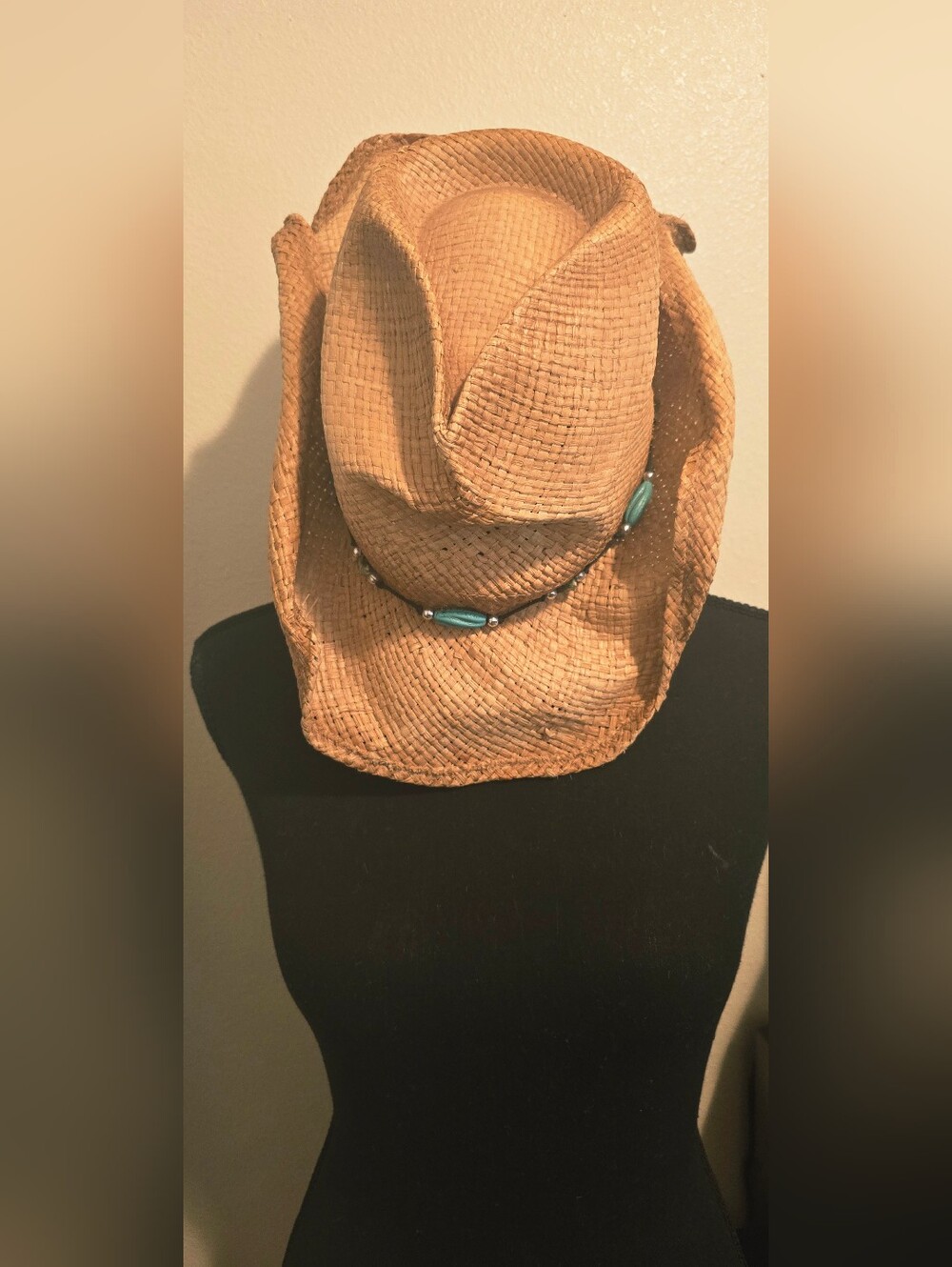 Straw Western Cowboy Hat with Turquoise Beadband - Tan